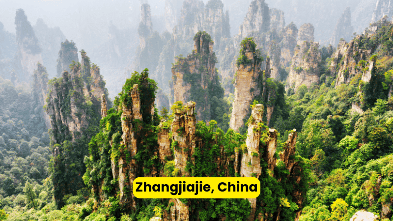 The towering sandstone pillars of Zhangjiajie, China, resembling the floating mountains of Avatar.