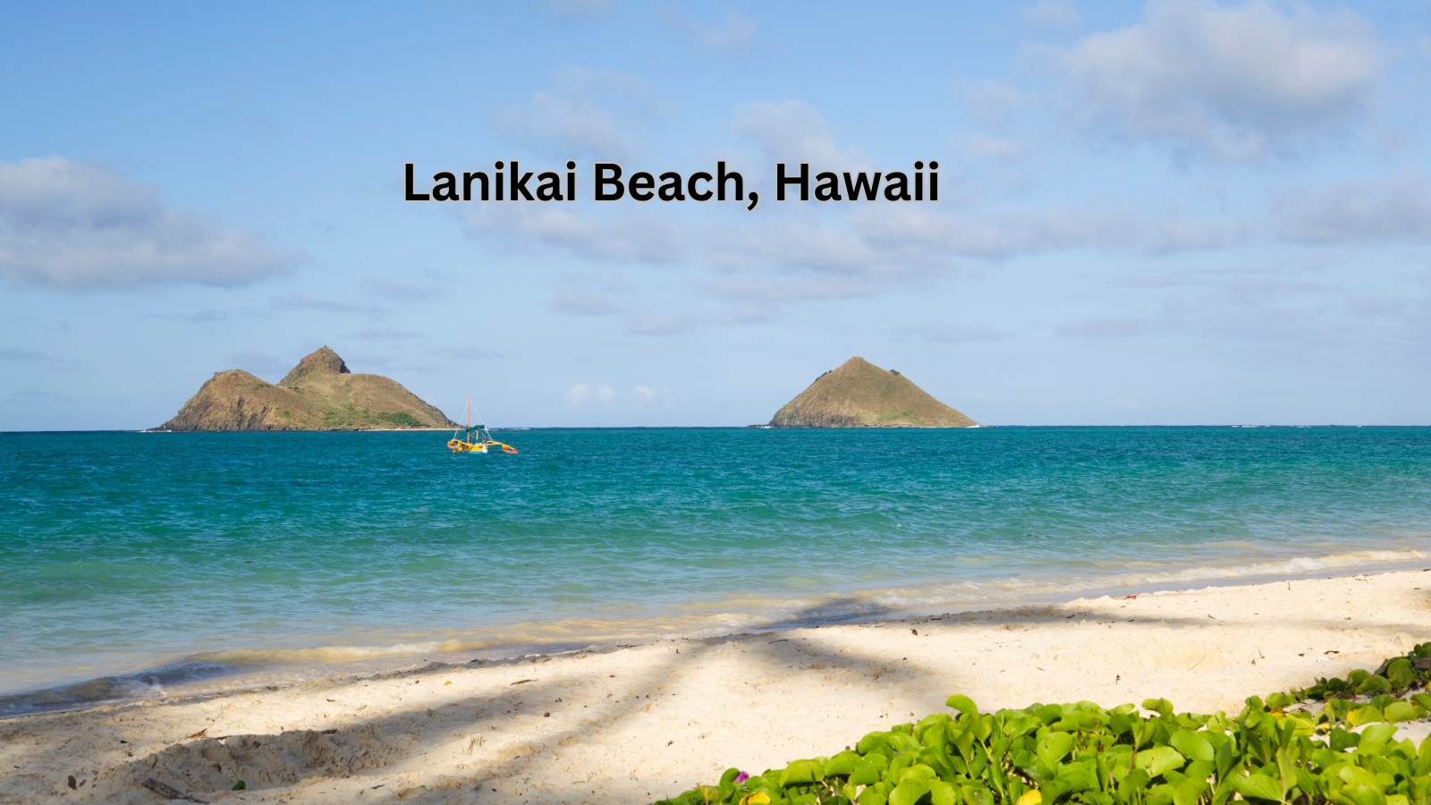 Lanikai Beach in Hawaii, featuring white sand, clear blue waters, and the Mokulua Islands.